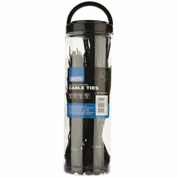 Draper Nylon káblové kravaty Viacnásobné veľkosti čiernych 650 kusov 90734.0