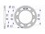 AFAM Aluminium Rear Sprocket 17107420 bakre kedjehjul i aluminium med måttspecifikationer för Kawasaki KX 60 och KX 65 modeller från 1988 till 2024.