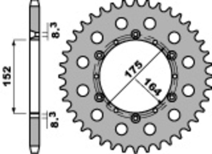 Teknisk ritning av PBR Standard C45 Steel Rear Sprocket 856 - 520 856 51 C45 med mått 152 mm diameter och 8,3 mm tjocklek. Reservdel för fordon.