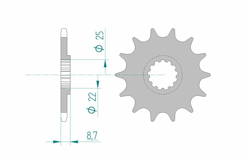 AFAM Steel Standard Framdrev 22505 - 520 med 13 tänder, kompatibelt med Suzuki GS 500-modeller. Teknisk ritning med mått och spline-detaljer.