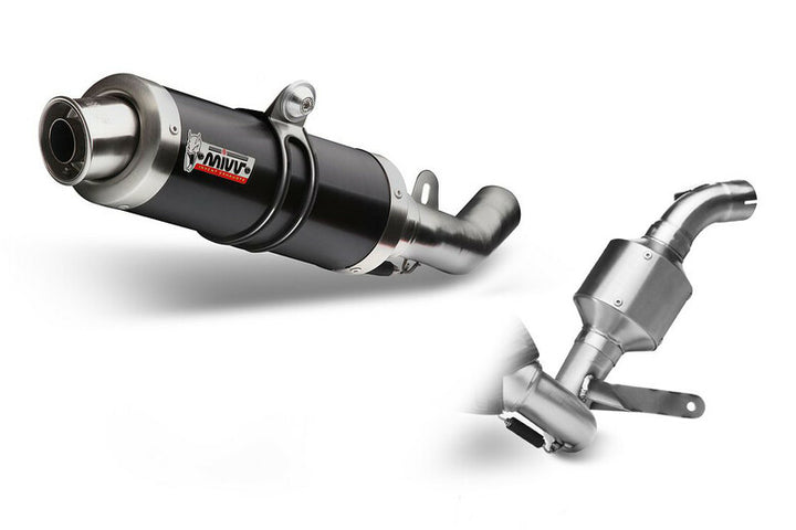 MIVV GP Full Exhaust System - KTM KT.009.LXB med svart ljuddämpare och rostfritt rör, perfekt för KTM-motorcyklar. Reservdel inom fordonstillbehör.