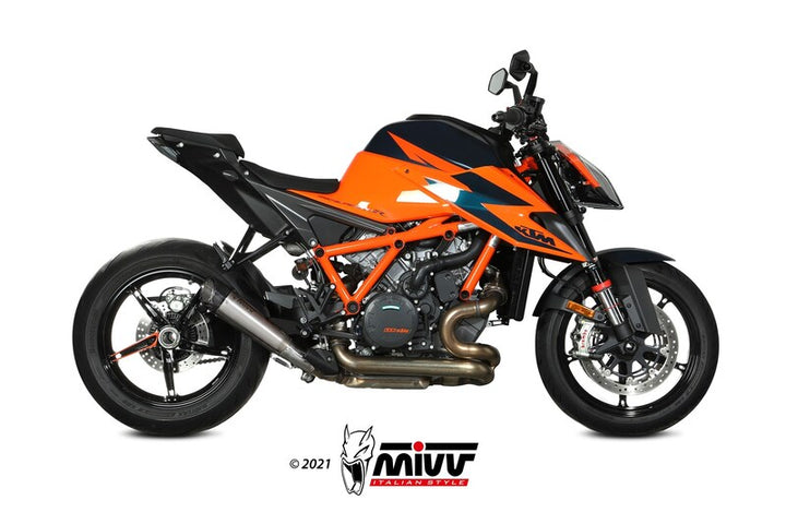Sidovy av KTM 1290 Super Duke med MIVV MX-5 Silencer installerad, idealisk för e-handel inom reservdelar och avgassystem.