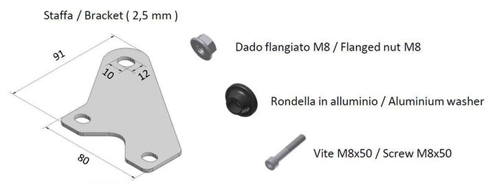 MIVV Mounting Kit för Speed Edge Muffler 50.SC.KU.001.SRX med fäste, M8 flänsmutter, aluminiumbricka och M8x50 skruv. Perfekt reservdel för avgassystem.