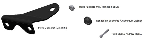 MIVV Mounting Kit för GP Pro Muffler 50.SC.KU.001.S2P med svart fäste, M8 flänsmutter, aluminiumbricka och M8x50 skruv. Perfekt för avgassystemstillbehör.