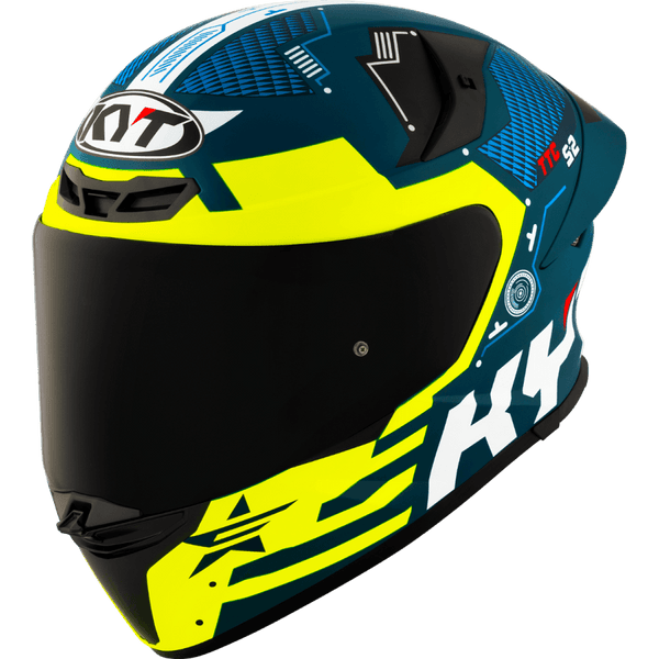 KYT integral mc-hjälm TT-Revo med aerodynamisk design i blått och gult, visir och ventilationssystem. Köp nu med särskilt erbjudande.