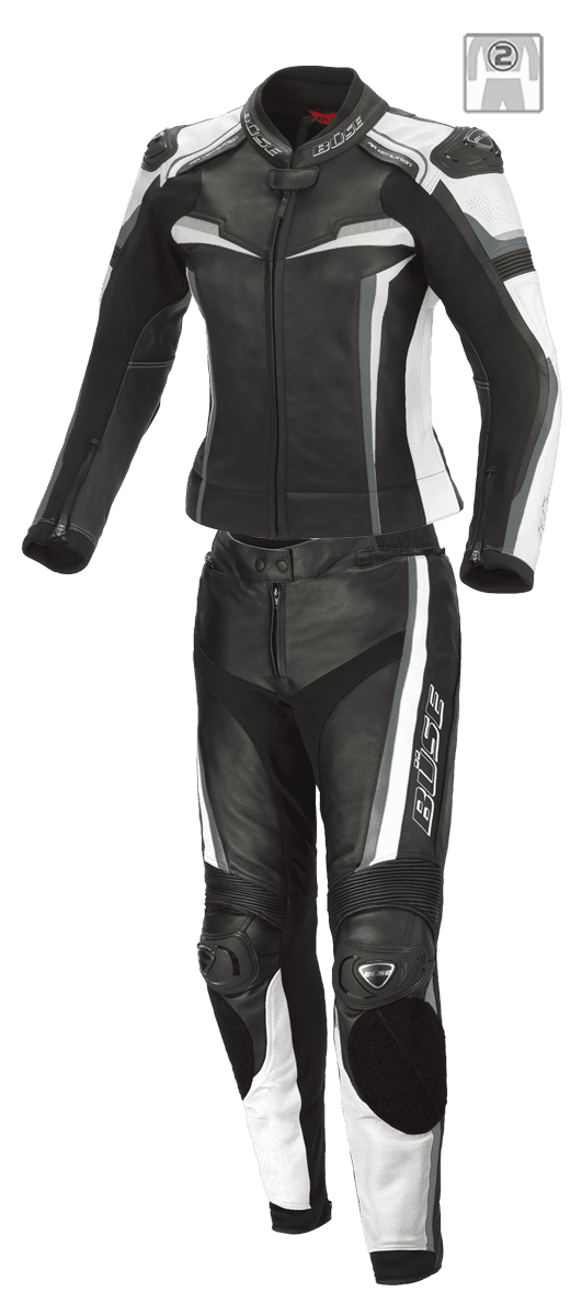 Buse Dam Skinnställ 2-delat Mille i svart och vitt läder med ergonomisk design och SAS-TEC skydd. Perfekt för motorcykelsäkerhet och komfort.