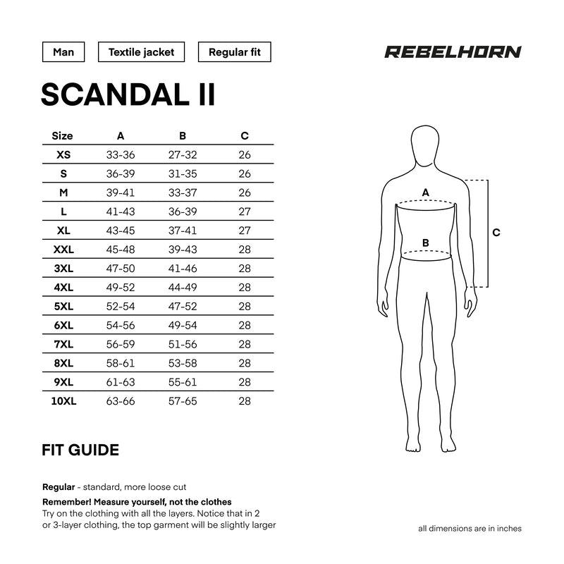 Storleksguide för Rebelhorn Textil Mc-Jacka Scandal Grå, med mått för XS till 10XL och detaljer om passform och lager.