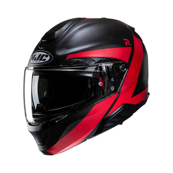 HJC öppningsbar mc-hjälm RPHA 91 Abbes i svart och röd design, med aerodynamisk form och integrerat visir för motorcykelsäkerhet.