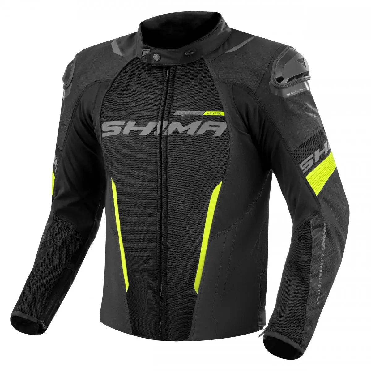 Shima Textil Mc-Jacka Solid Vented 2.0 i svart och fluorgul med ventilerande paneler och CE-certifierat skydd. Perfekt för motorcyklister, storlekar S-4XL.