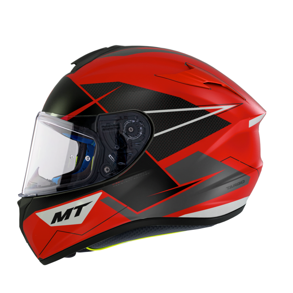 Sidovy av MT Helmets Integral Mc-Hjälm Targo Podium Rojo med röd och svart grafik, visir och robust konstruktion.