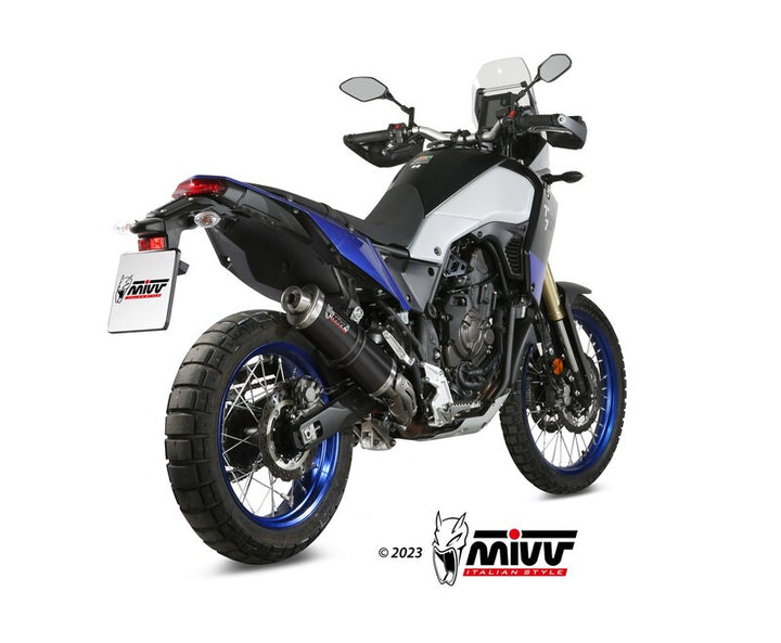 Bakre vy av Yamaha Ténéré 700 utrustad med MIVV Slip-On Exhaust Oval Y.064.LZ, visar sportig design och förbättrad avgassystemfunktion.