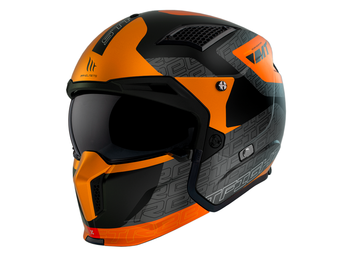 MT Helmets öppen MC-hjälm Streetfighter SV S Totem B4 i orange och svart med integrerat visir och modern design för stadskörning.