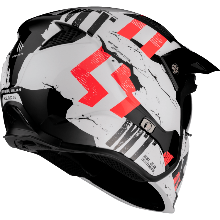 Baksidan av MT Helmets Streetfighter Twin Pearl White med röda grafiska detaljer och ventilationssystem för optimal komfort och säkerhet.