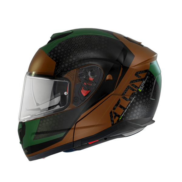 MT Helmets öppningsbar mc-hjälm Atom Adv grön med modern design, ventilationssystem och visir. Passar för stadskörning och touring.