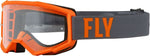 Fly Racing Goggles Focus Grey/Orange med grå rem och orange ram, designade för motocross och offroadkörning. Skyddar ögonen med klar lins och bekväm passform.