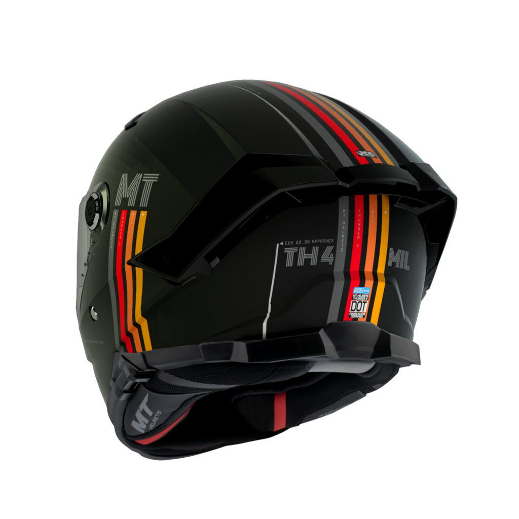 MT Helmets Integralhjälm Thunder 4 SV Mil Matt Svart med bakre vy som visar ränder i orange och gult samt DOT-certifiering. Modern design för säker motorcykelkörning.