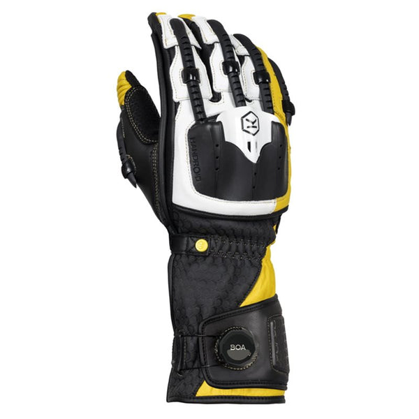 Knox Mc-Sporthandskar Handroid MK5 i svart och gult med avancerat skydd och BOA-stängning, idealiska för motorcykelåkning.