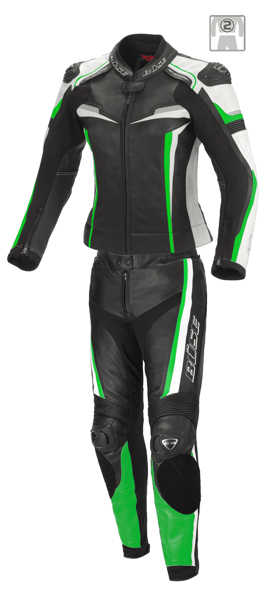 Buse Dam Skinnställ Mille i svart och grönt, 2-delat med ergonomisk design och SAS-TEC skydd. Perfekt för säkerhet och komfort vid motorcykelkörning.
