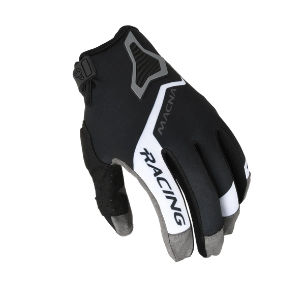 Macna Crosshandskar Heat Svart med racingdesign, svart och vit färg, ergonomisk passform och förstärkt grepp för motocross och motorcykelåkning.