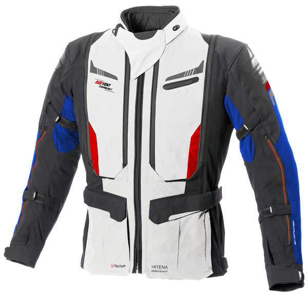 Buse Textil Mc-Jacka Agadir Grå med grå, blå och röda detaljer, justerbara remmar och skyddande material för motorcykelåkning. Finns i storlekar 48-64.