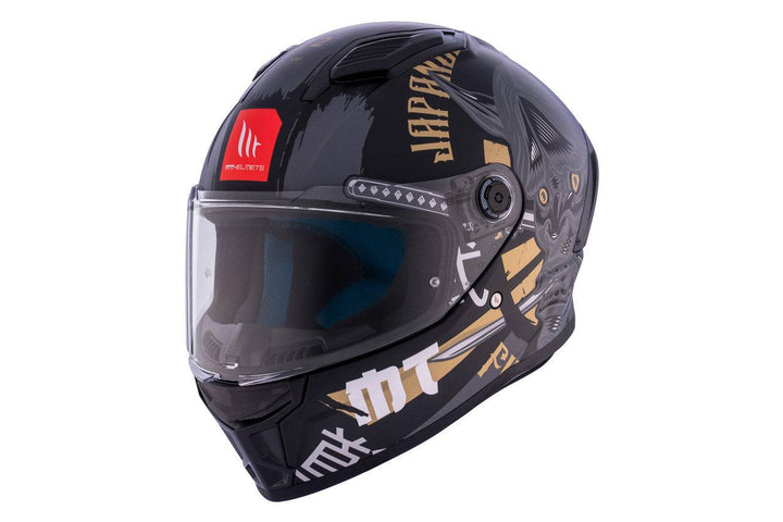 MT Helmets Stinger 2 MC-hjälm med svart och guld design, integrerat visir och lättviktskal. Perfekt för intercom och ventilation.