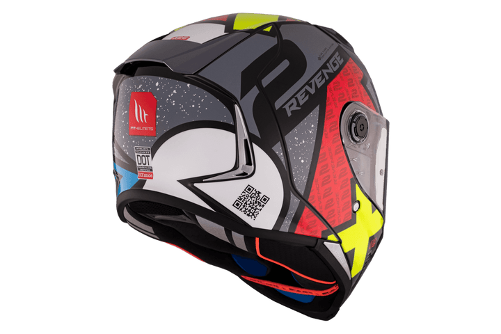 Sido vy av MT Helmets Revenge 2 Hjälm med QR-kod, modern grafik och robust visir för säker och stilren motorcykelkörning.