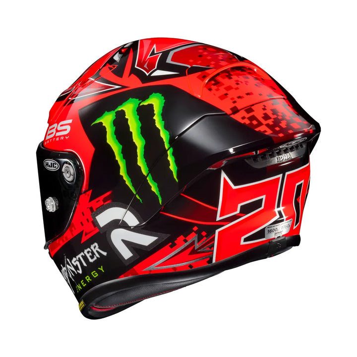 HJC Integral Mc-Hjälm RPHA 1 Fabio Quartararo Replica med bakre vy, röd och svart grafik samt nummer 20 och Monster Energy-logotyp.