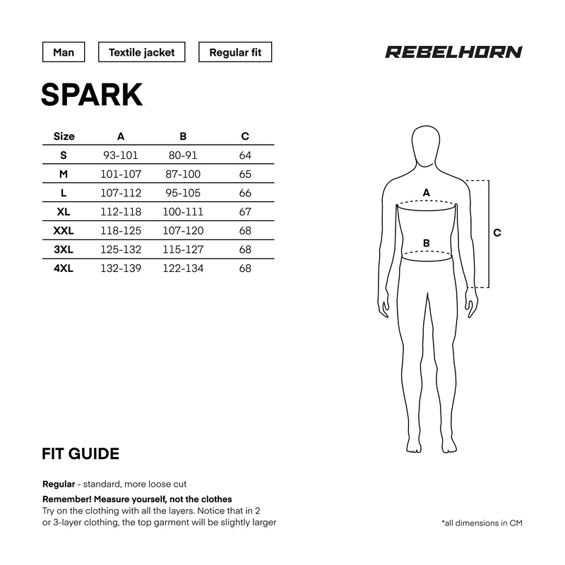 Storleksguide för Rebelhorn Textil Mc-Jacka Spark Svart med mått för storlekar S till 4XL och passformstips.