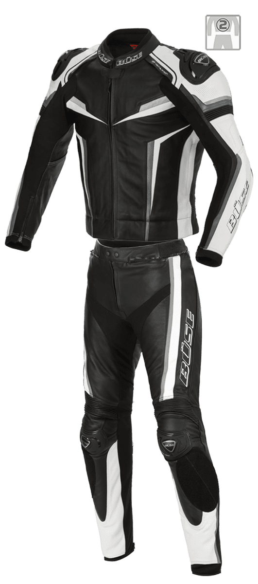 Buse Skinnställ 2-delat Mille i svart och vitt med avancerad skyddsteknologi och justerbar passform. Perfekt för motorcykelentusiaster.
