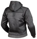 Baksidan av Sweep Dam Kevlar Mc-Hoodie Grå med förstärkningar och stilren design, perfekt för motorcykelåkning. Finns i storlekar 32-46.