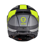 Baksida av Schuberth Integral Mc-Hjälm S3 Daytona Svart/Flu med logotyp och ventilationsöppningar i fluorescerande gula och svarta färger.