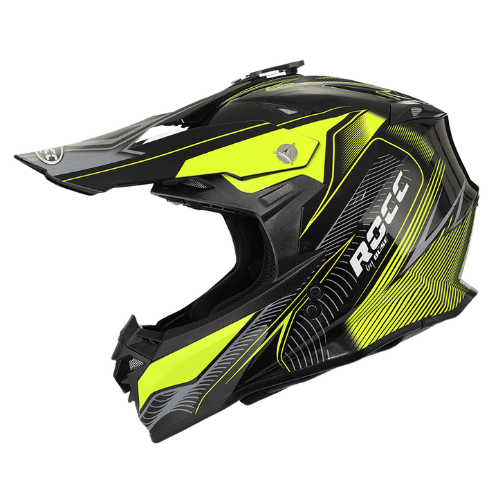Rocc Cross MC-hjälm 713 med svart och fluorgul grafik, lätt konstruktion och optimal ventilation. Idealisk för MX och stadskörning.