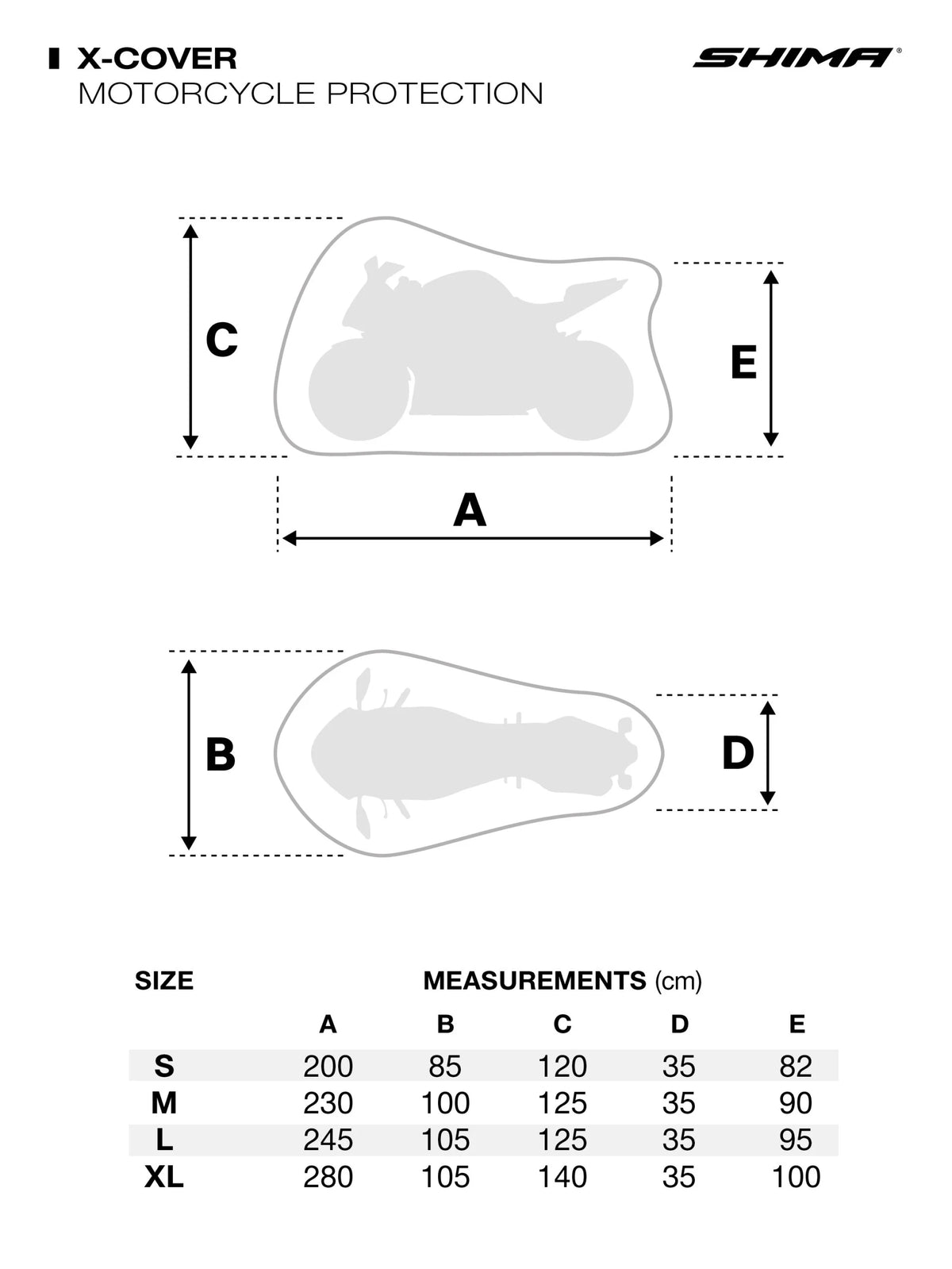 Storlekstabell för Shima Outdoor X-Cover med mått för S, M, L och XL. Perfekt för att välja rätt motorcykelöverdrag.
