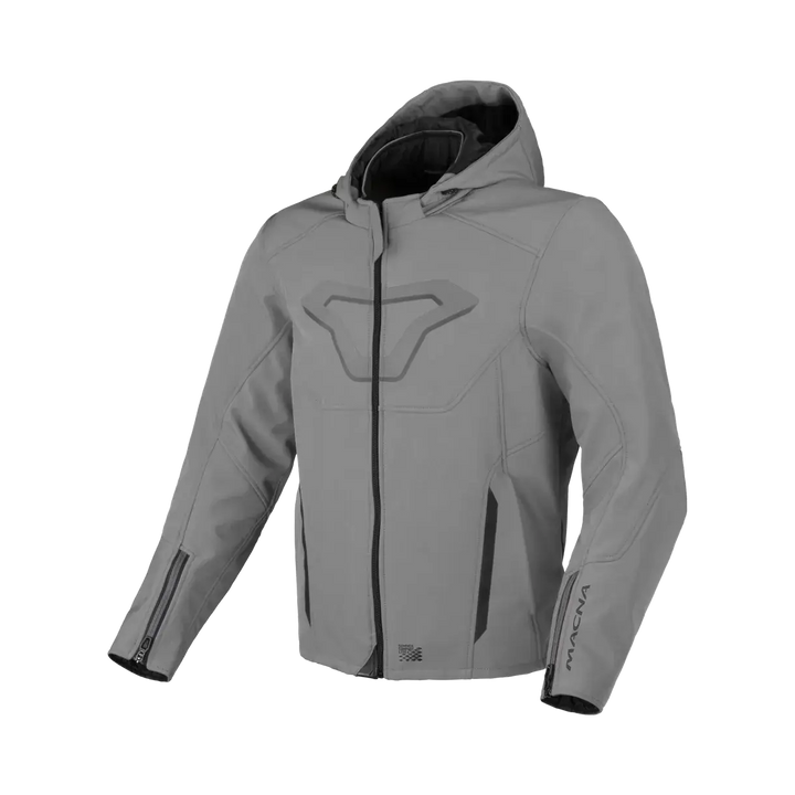 Macna Softshell Mc-Jacka Atracor Grå i CE-certifierat softshellmaterial med huva och dragkedjor, framifrån. Finns i flera storlekar.