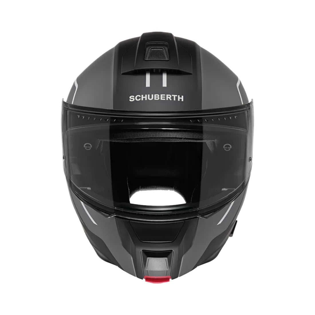 Frontal vy av Schuberth C5 Master Grå mc-hjälm med klart visir och modern design. Lättviktig och bekväm för långa resor.