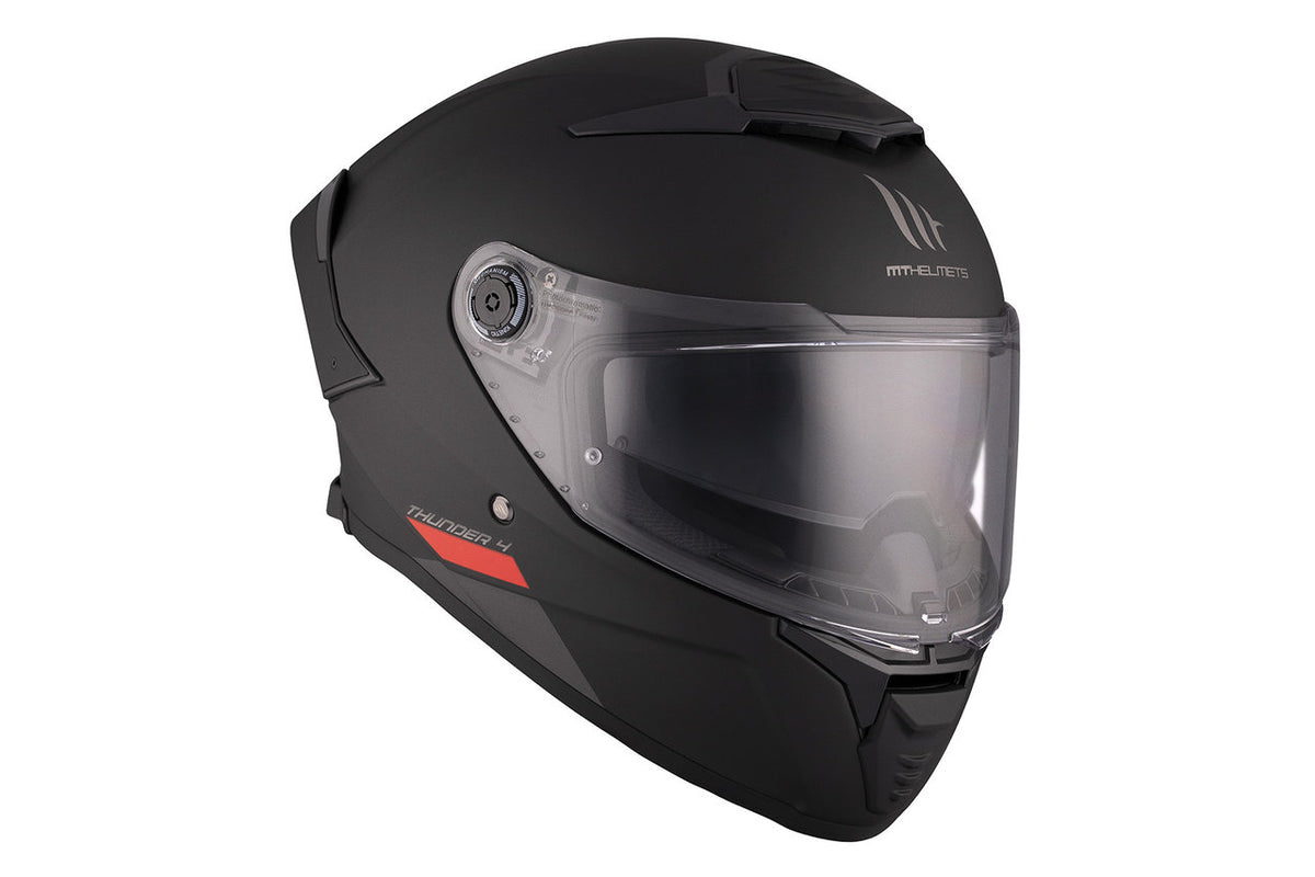 Motorcykelhjälm MT Helmets Thunder 4 SV i matt svart med röd detalj, utrustad med säkerhetscertifiering och ventilationssystem.