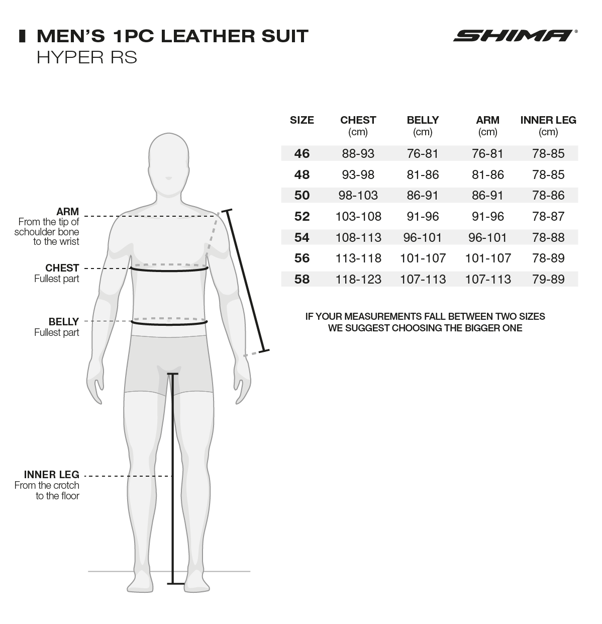 Storleksguide för Shima Mc-Skinnställ Hyper-RS med mått för bröst, mage, arm och innerben. Välj rätt storlek för optimal passform.