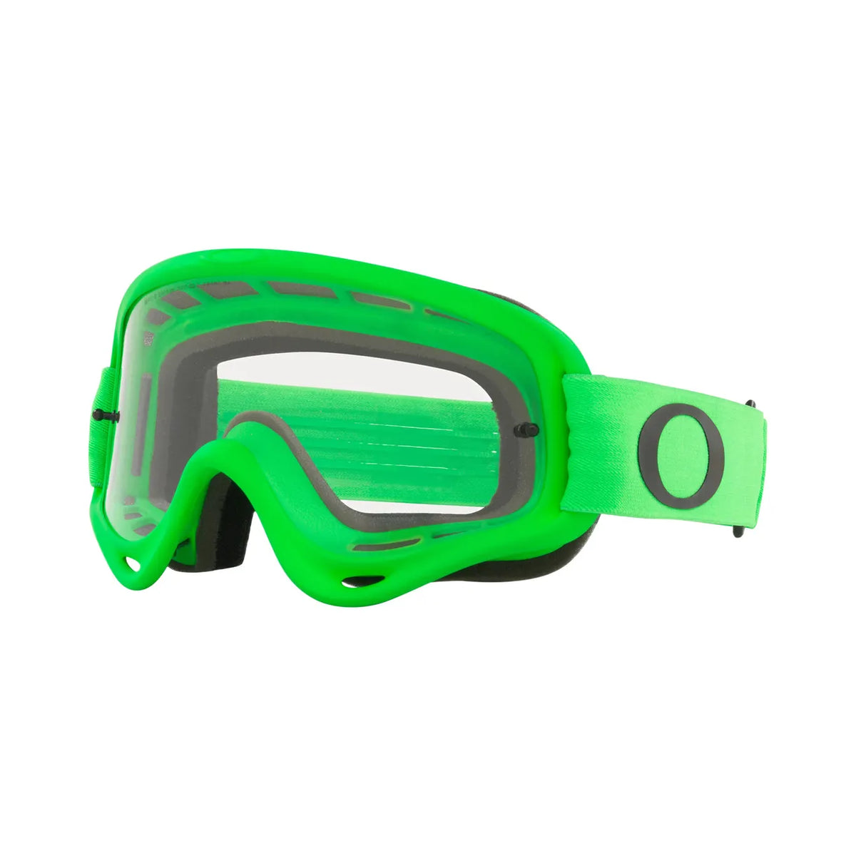 Oakley O Frame MX Moto Green med klar lins, gröna motocrossglasögon med justerbart band och bekväm passform för optimal säkerhet.