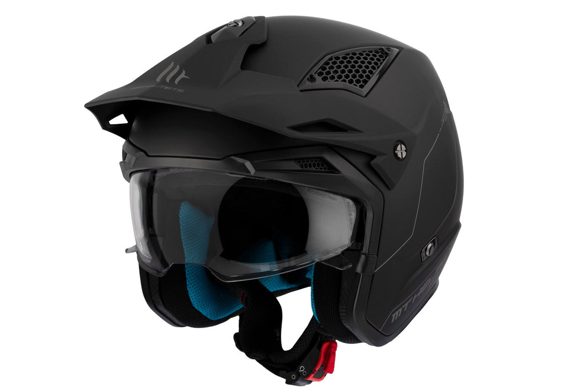 MT Helmets Öppen Mc-Hjälm District Solid A1 Matt Svart med integrerat solvisir och Bluetooth-förberedelse, ECE 22.06-certifierad.