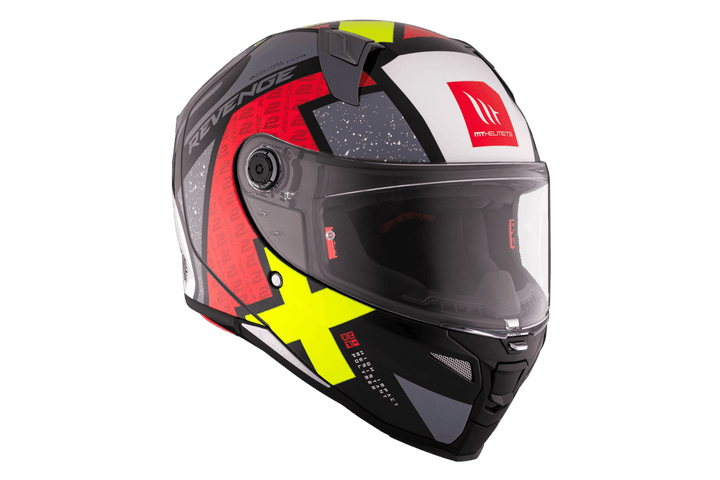 Sido vy av MT Helmets Revenge 2 Hjälm med modern grafik, lätt konstruktion och robust visir för säker motorcykelkörning.