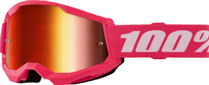 100% Goggles Strata 2 Pink med spegellins, designade för motocross och offroad. Högkvalitativt skydd med justerbart band och bekväm passform.