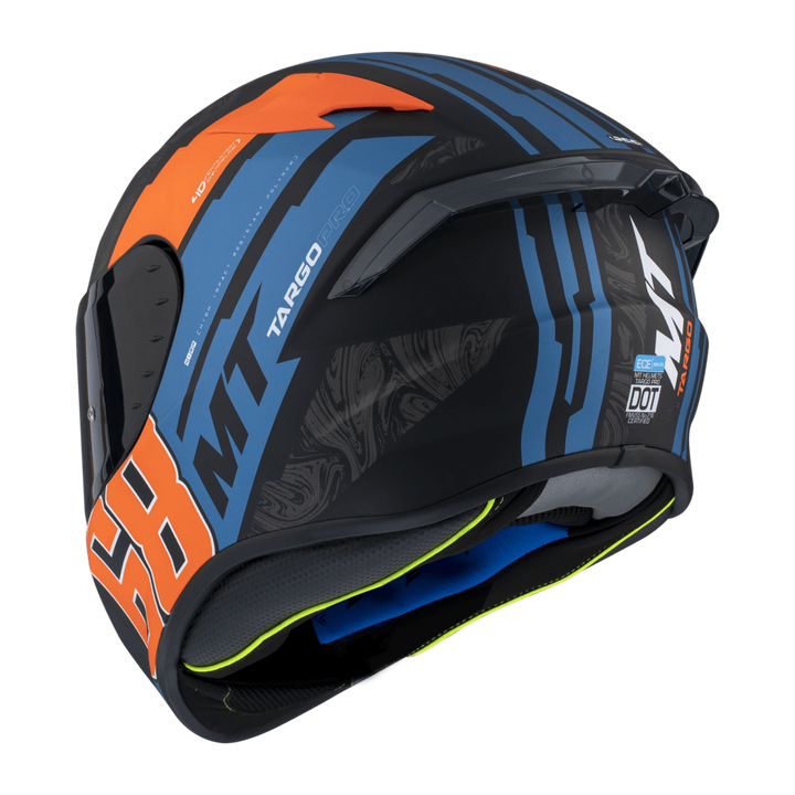 Baksidan av MT Helmets Integral Mc-Hjälm Targo Pro Welcome Orange med detaljerad grafik och DOT-certifiering.