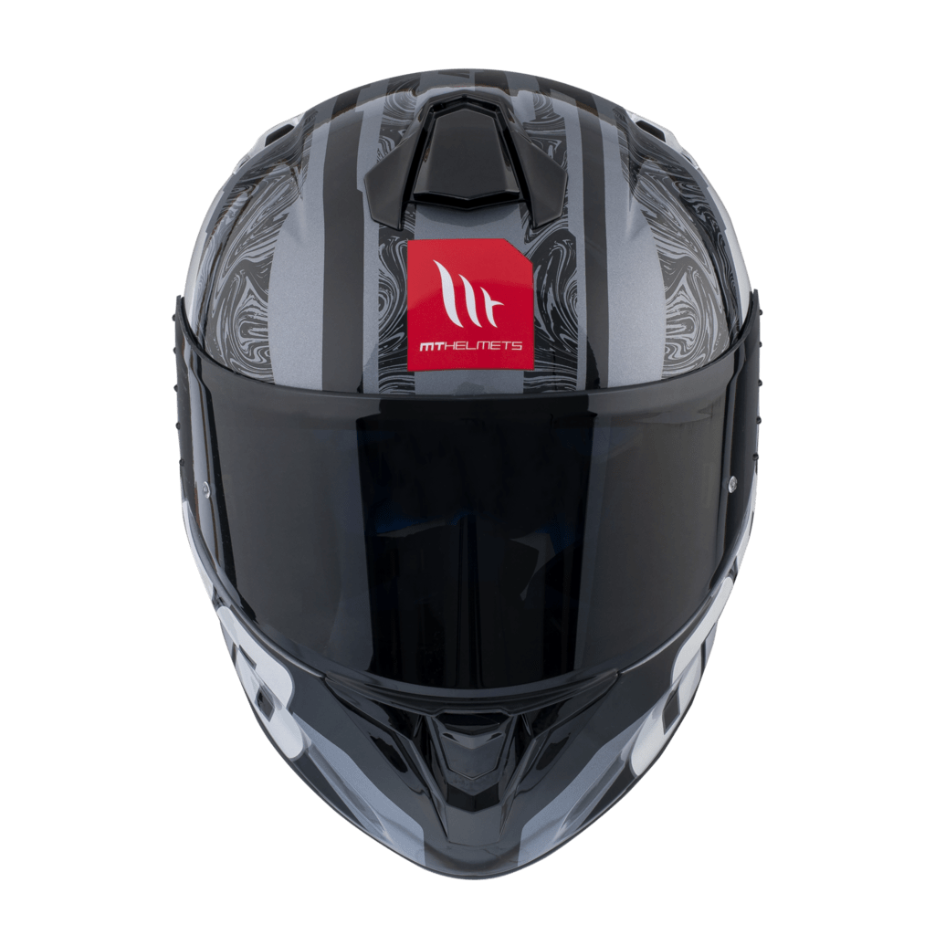 Framsidan av MT Helmets Integral Mc-Hjälm Targo Pro Welcome Grå med tonat visir och röd MT Helmets-logotyp. Elegant och funktionell för motorcyklister.