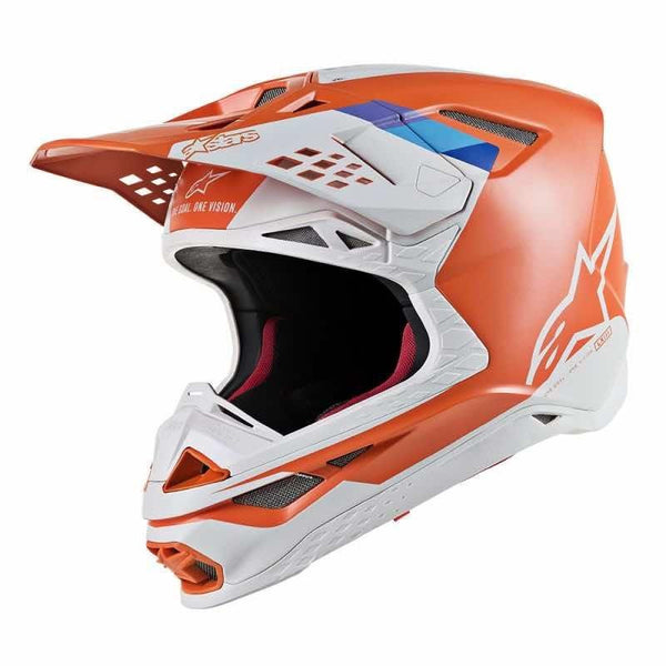 Alpinestars Cross Mc-Hjälm Supertech S-M8 i orange och vit med avancerad kompositkonstruktion. Lättviktshjälm med ECE 22/05-certifiering för optimal säkerhet.