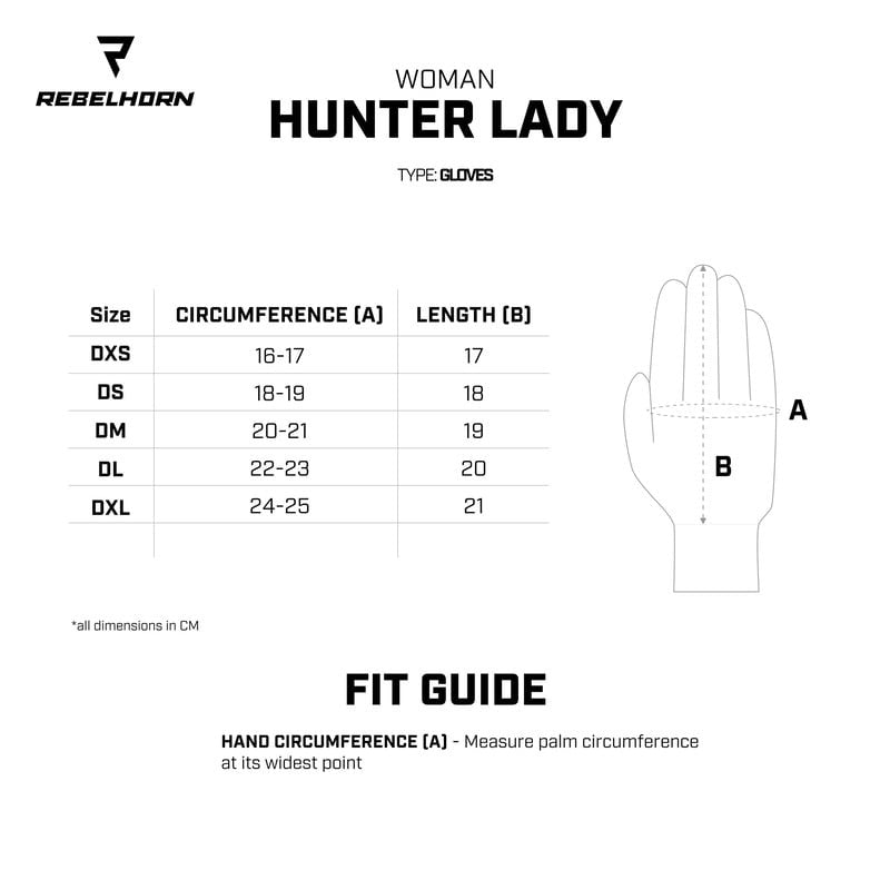 Storleksguide för Rebelhorn Dam Mc-Handskar Hunter med mått för handomkrets och längd i centimeter för perfekt passform.