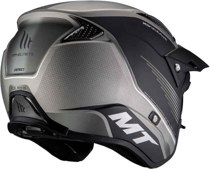 Baksidan av MT Helmets öppen MC-hjälm District Post B2 grå med aerodynamisk form och tydlig MT-logotyp.