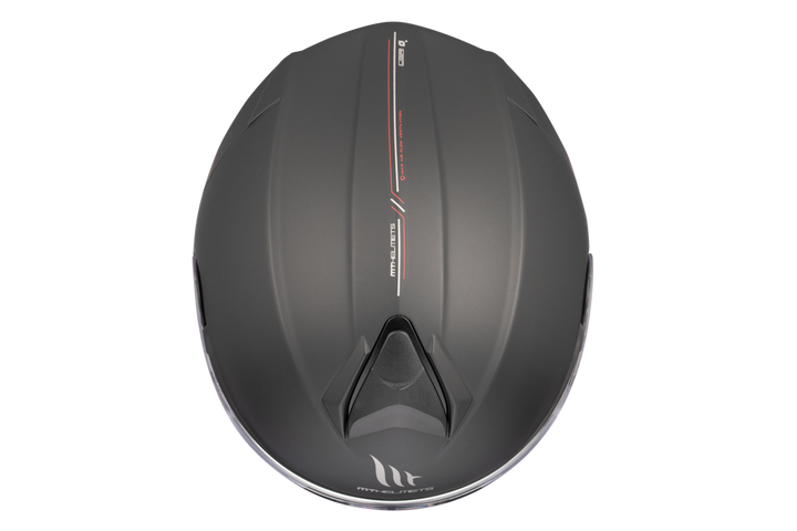 MT Helmets öppningsbar mc-hjälm Genesis SV matt svart, toppvy som visar aerodynamiska linjer och diskreta röda detaljer.